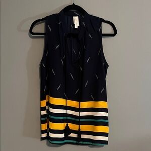 Sleeveless Navy Stripe Tie-Neck Top - Yellow & Teal Accents